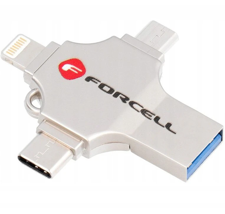 USB atmintinė 128GB USB 3.2 Gen 1 (USB A / USB C / Lightning / Micro USB) Forcell F-Data Metal Quad sidabrinas