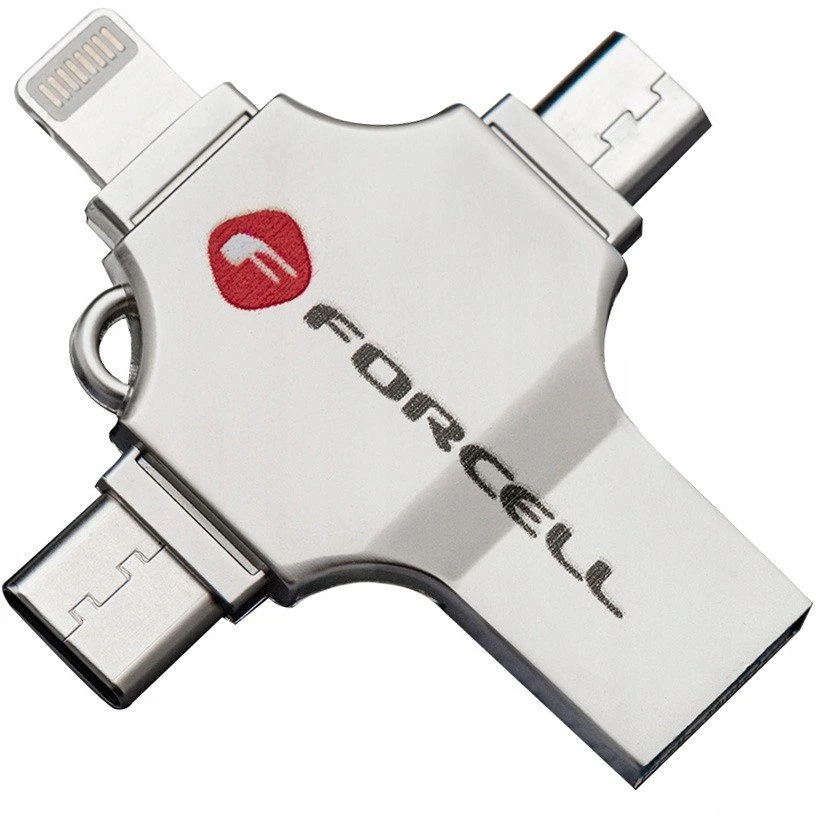 USB atmintinė 128GB USB 3.2 Gen 1 (USB A / USB C / Lightning / Micro USB) Forcell F-Data Metal Quad sidabrinas
