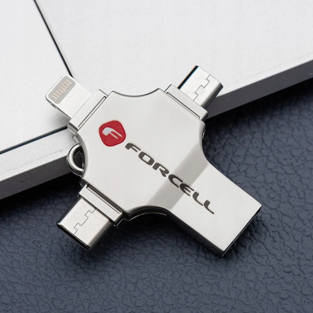 USB atmintinė 128GB USB 3.2 Gen 1 (USB A / USB C / Lightning / Micro USB) Forcell F-Data Metal Quad sidabrinas