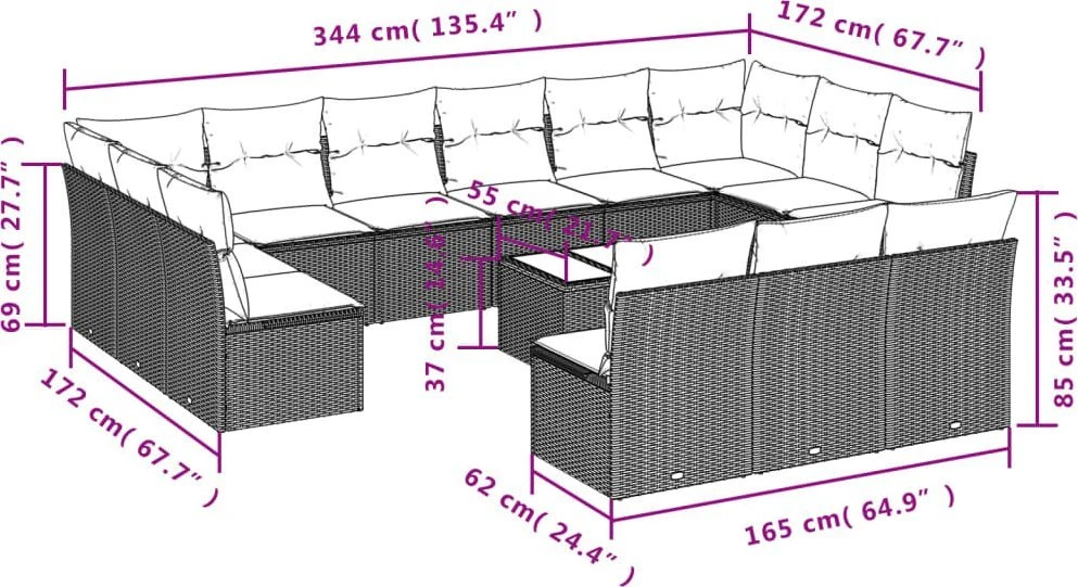 Sofa Sodo komplektas su pagalvėlėmis, 14 dalių, ruda, poliratanas