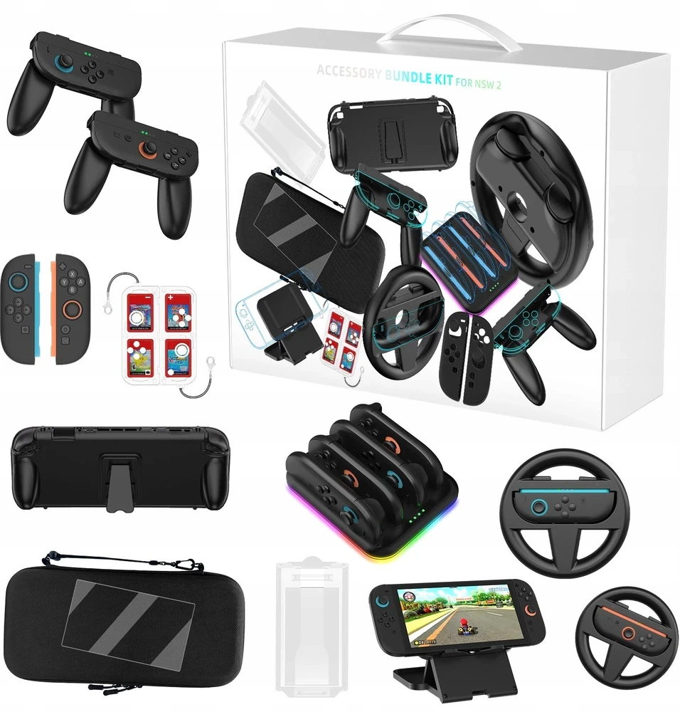 JYS 14 vienetų priedų rinkinys: laikikliai, dėklas, įkroviklis, stovas Nintendo Switch 2 NS2293 (SB10202)