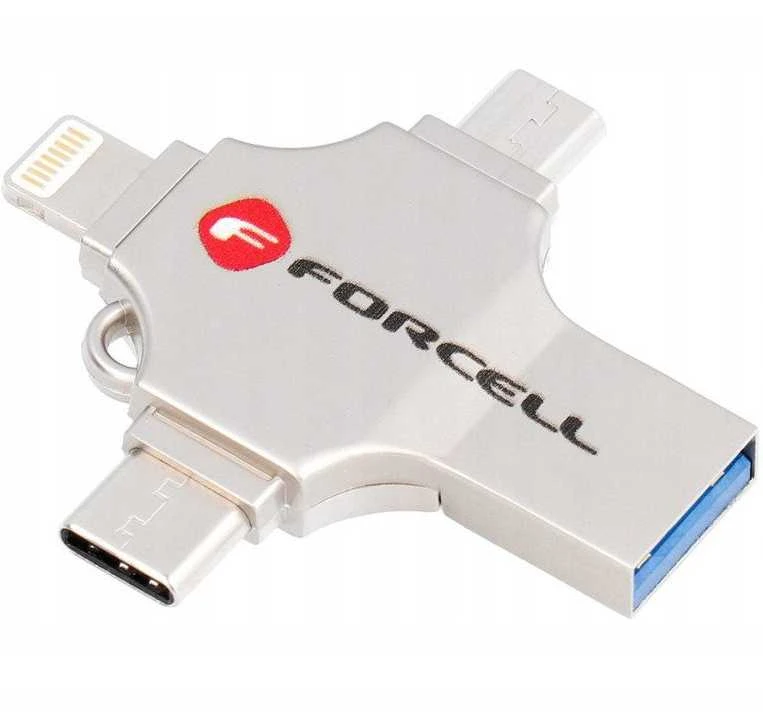 USB atmintinė 16 GB USB 3.2 Gen 1 (USB A / USB C / Lightning / Micro USB) Forcell F-Data Metal Quad sidabrinas