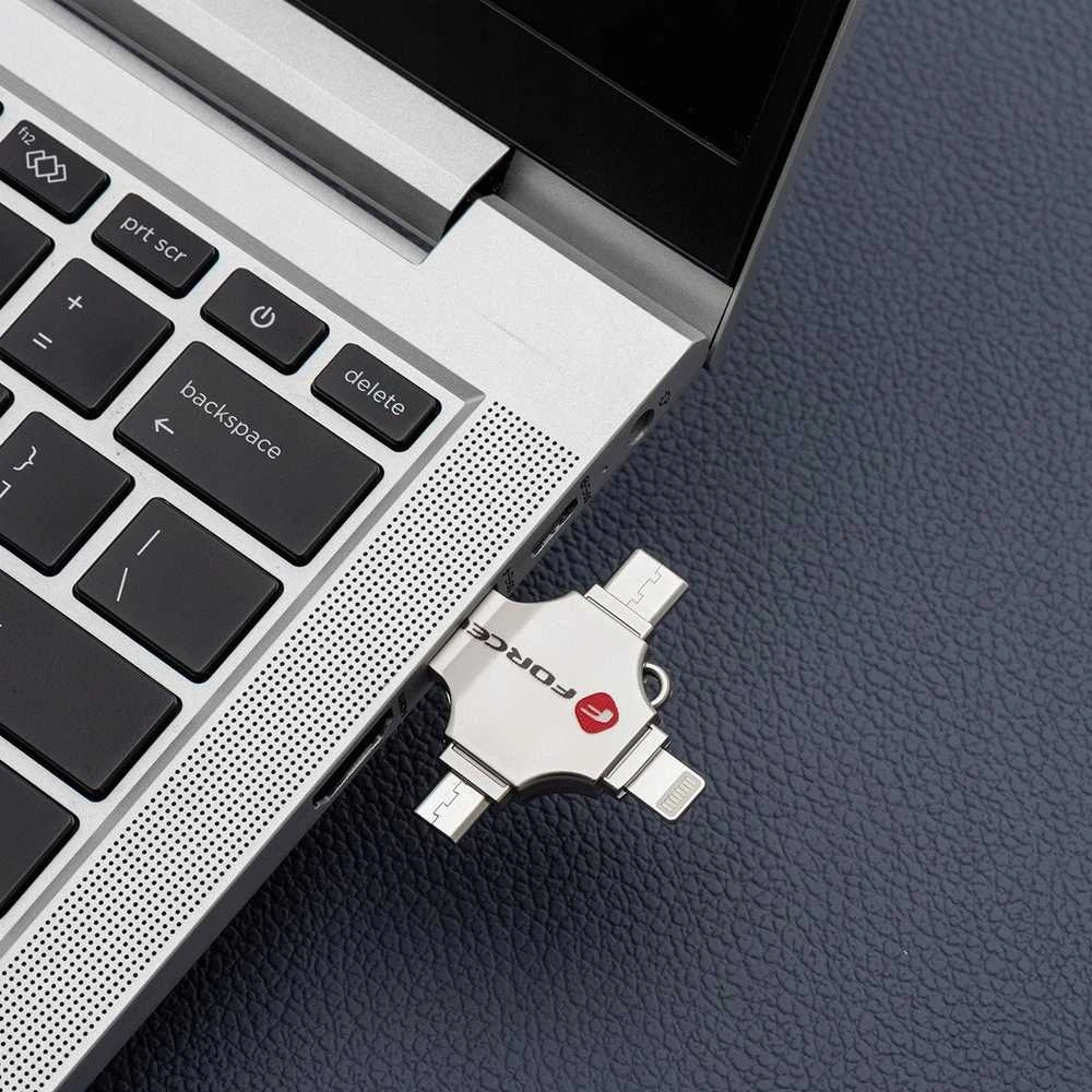 USB atmintinė 16 GB USB 3.2 Gen 1 (USB A / USB C / Lightning / Micro USB) Forcell F-Data Metal Quad sidabrinas