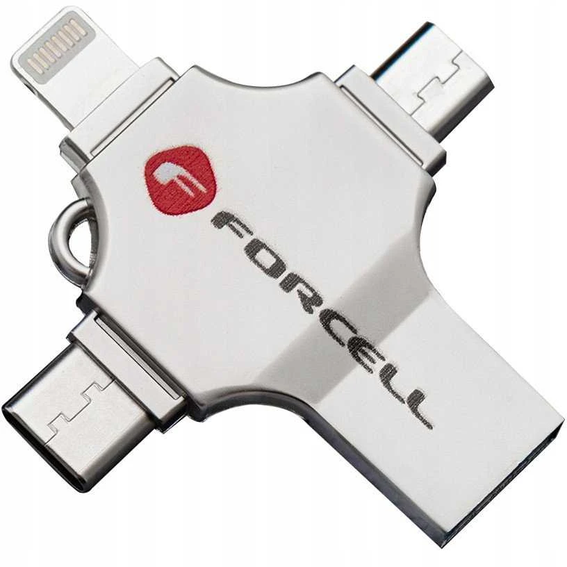 USB atmintinė 16 GB USB 3.2 Gen 1 (USB A / USB C / Lightning / Micro USB) Forcell F-Data Metal Quad sidabrinas