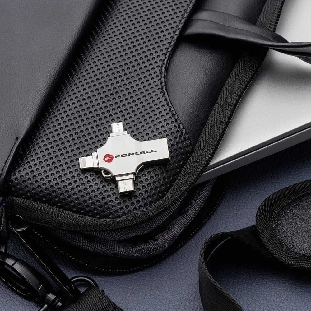USB atmintinė 16 GB USB 3.2 Gen 1 (USB A / USB C / Lightning / Micro USB) Forcell F-Data Metal Quad sidabrinas