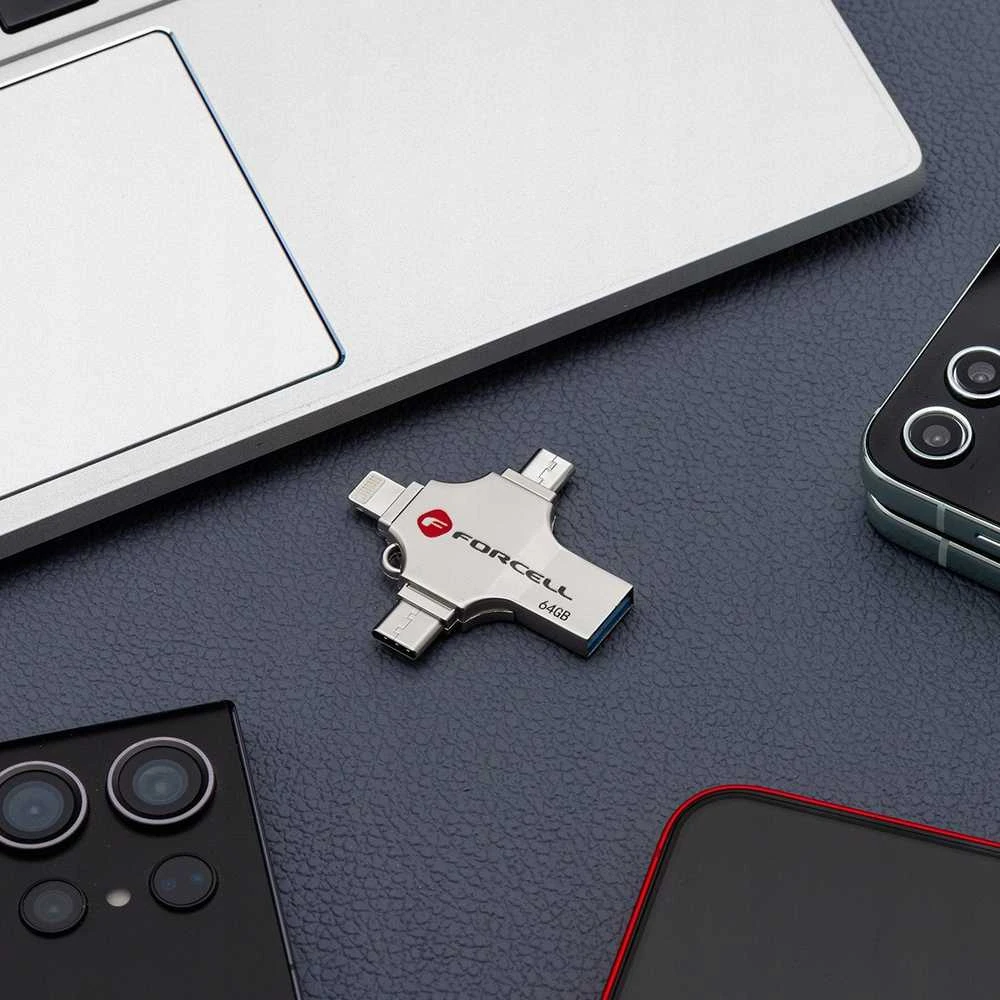 USB atmintinė 16 GB USB 3.2 Gen 1 (USB A / USB C / Lightning / Micro USB) Forcell F-Data Metal Quad sidabrinas
