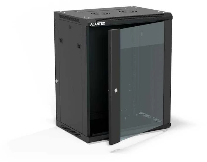 Pakabinama lentyna 19" 15U 600x450, (dvigubos sekcijos variantas) vienos varčios stiklinės durys, nuimamas pilnas galinis dangtis, nuimami pilnai šoniniai dangčiai, rakinamas, 4 sijos, spalva juoda, ALANTEC