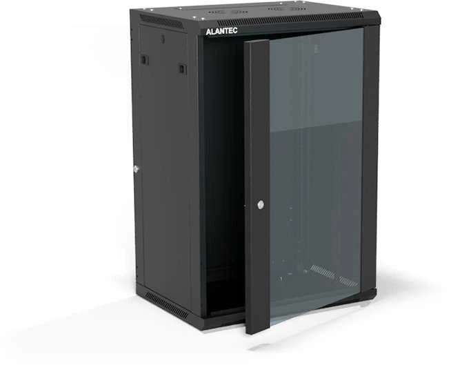 Pakabinama lentyna 19" 18U 600x450, (dvigubos sekcijos variantas) vienos varčios stiklinės durys, nuimamas pilnas galinis dangtis, nuimami pilnai šoniniai dangčiai, rakinamas, 4 sijos, spalva juoda, savarankiškam surinkimui - plokščia pakuotė, ALANTEC