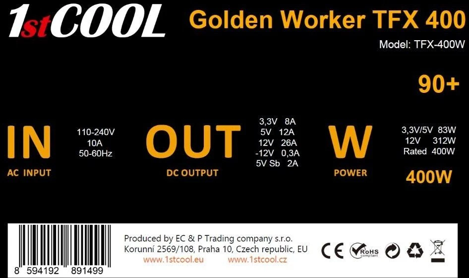 1St Cool Maitinimo šaltinis 1stCOOL Golden Worker TFX 400W