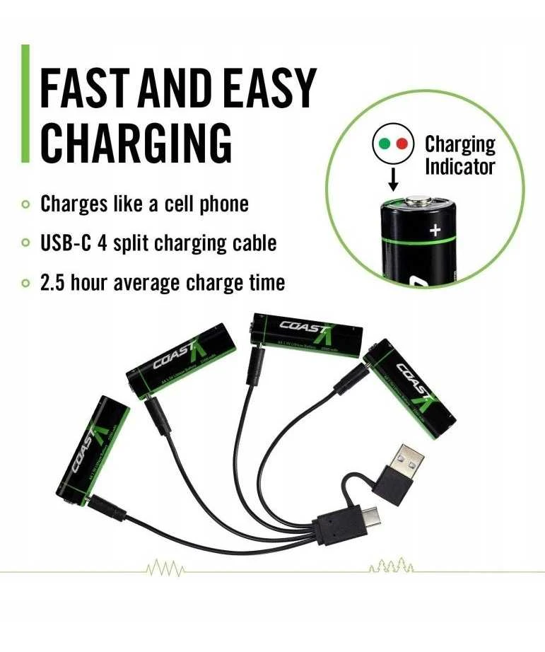 „Coast AA“ įkraunamos baterijos 1,5 V, 2400 mAh, USB-C, 4 vnt.