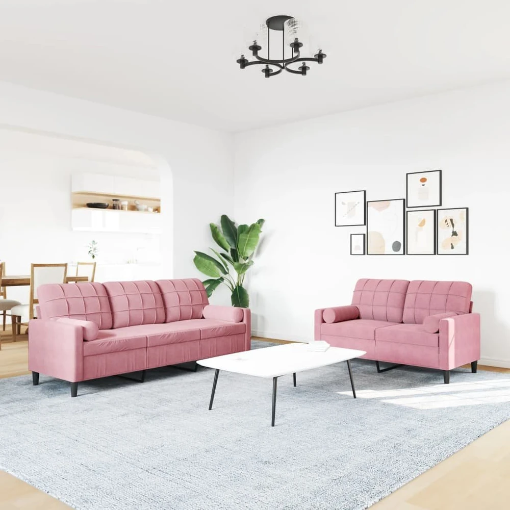 Sofa Sofos komplektas su pagalvėlėmis, 2 dalių, rožinis, aksomas