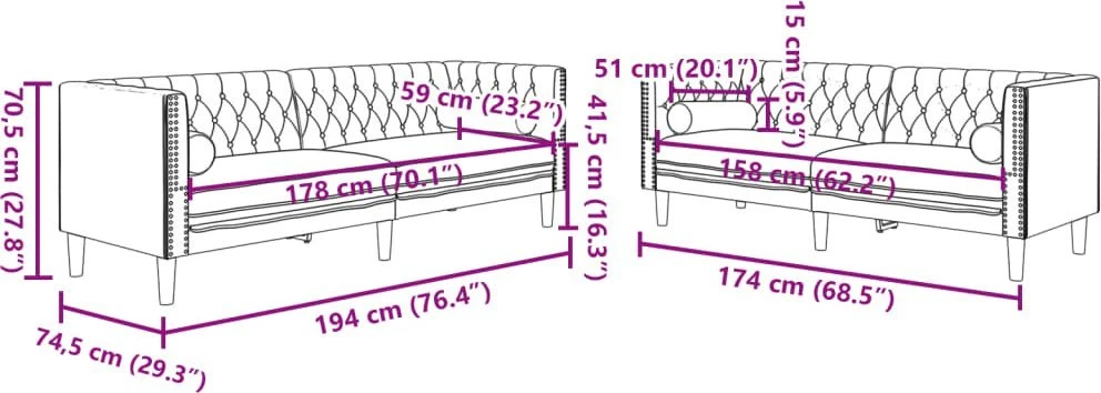 Sofa Chesterfield sofų komplektas su pagalvėlėmis, 2 dalių, geltonas