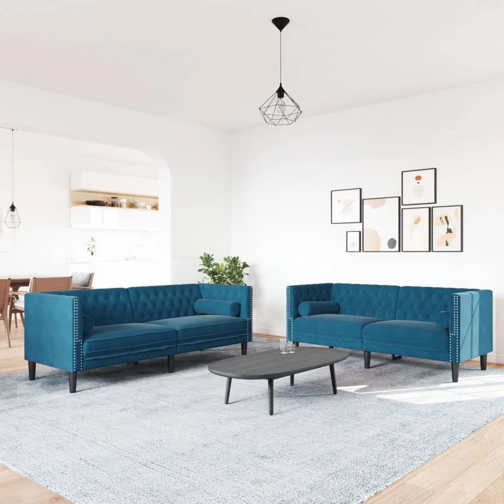 Sofa Chesterfield sofų komplektas su pagalvėlėmis, 2 dalių, mėlynas