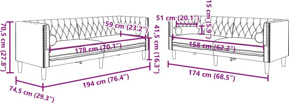 Sofa Chesterfield sofų komplektas su pagalvėlėmis, 2 dalių, rožinis