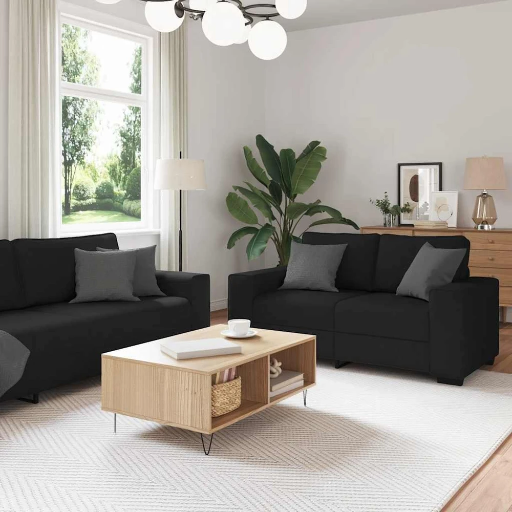 Sofa Dviejų dalių sofos komplektas su pagalvėlėmis, juodas audinys