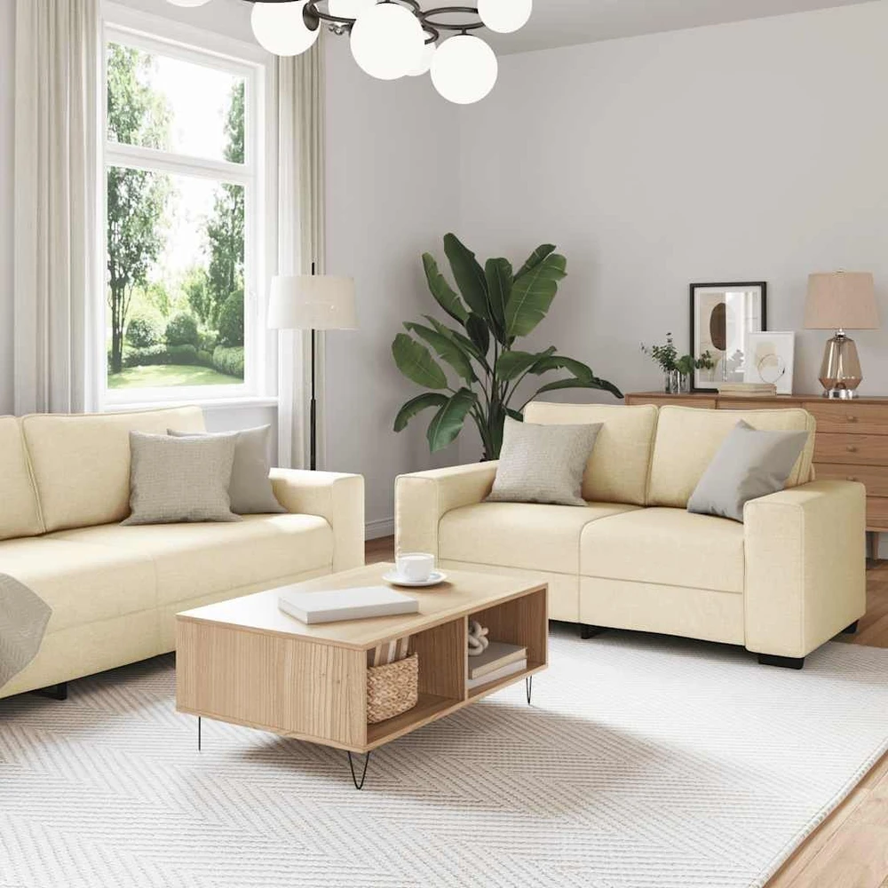 Sofa Dviejų dalių sofos komplektas su pagalvėlėmis, kreminės spalvos audinys