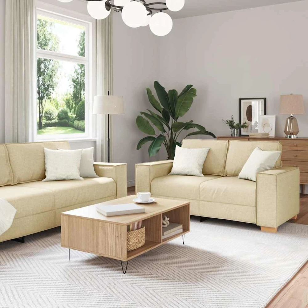 Sofa Dviejų dalių sofos komplektas su pagalvėlėmis, kreminės spalvos audinys