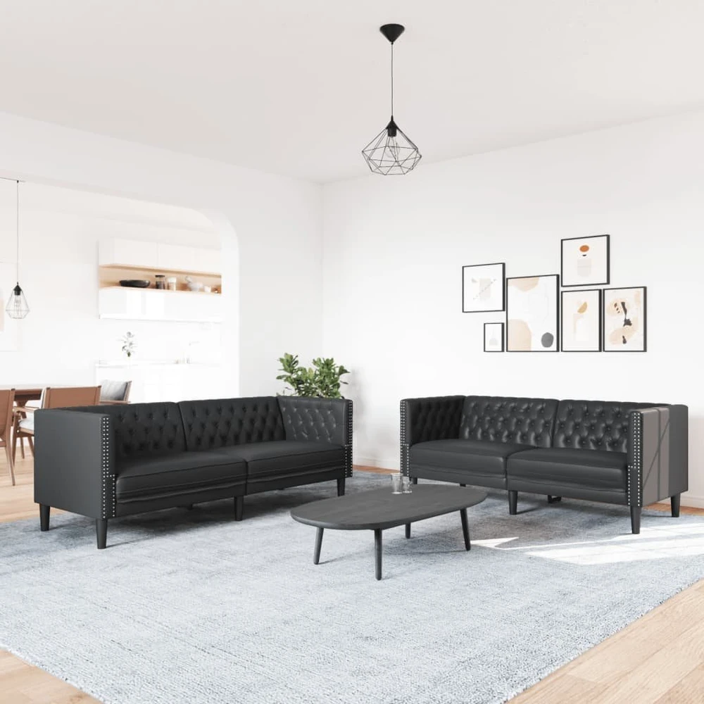 Sofa Chesterfield sofų komplektas, 2 dalių, juodas, dirbtinė oda