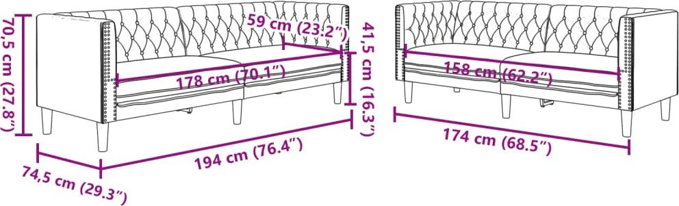 Sofa Chesterfield sofų komplektas, 2 dalių, juodas, dirbtinė oda
