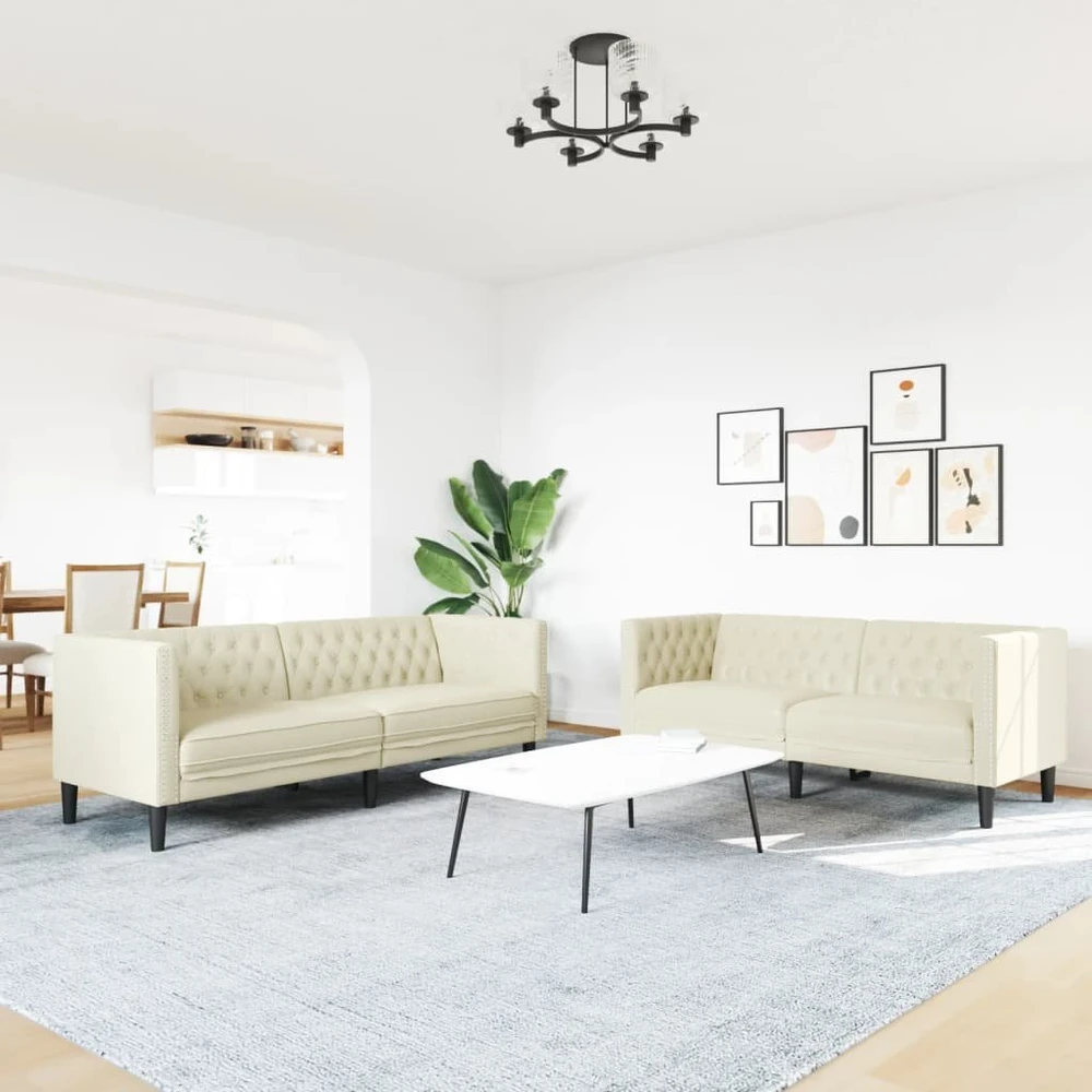 Sofa Chesterfield sofų komplektas, 2 dalių, kreminė, dirbtinė oda