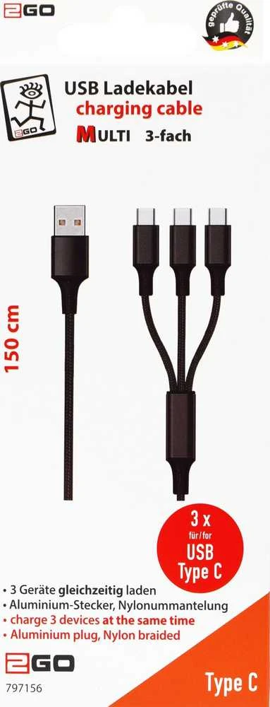 Kabelis USB 2GO USB-A - 3x USB-C 1.5 m Juodas (797156)