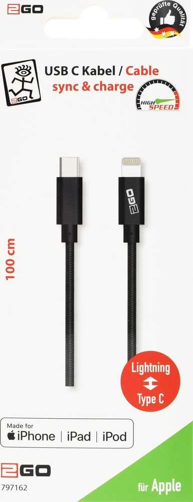 Kabelis USB 2GO Lightning - USB-C 1 m Juodas (797162)