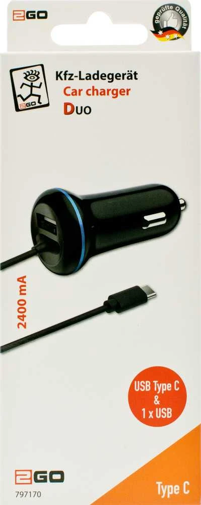 Įkroviklis 2GO 2GO USB-Kfz-Ladegerät 2400mA DUO Type C 3.1 + 1x USB juodas