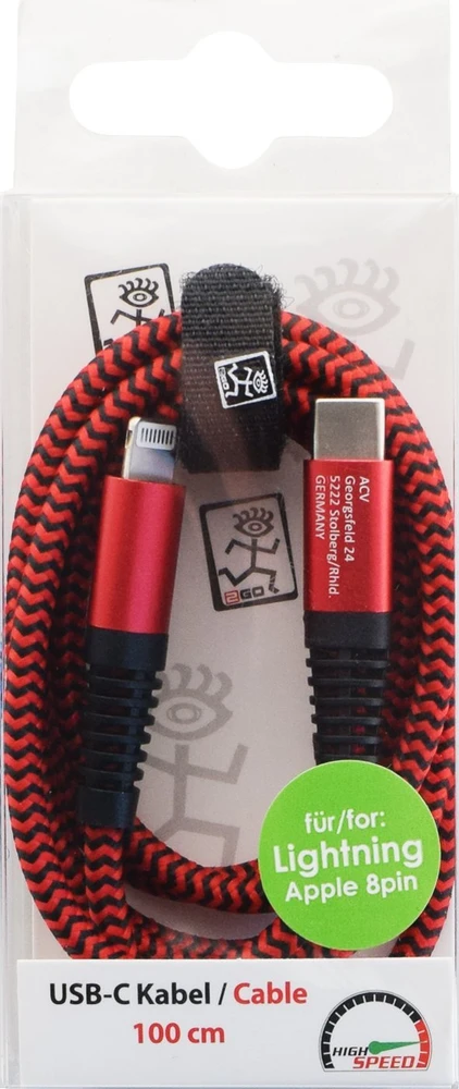 2GO USB laidas Datenkabel-raudona-100cm, skirtas Apple 8-Pin USB Type-C