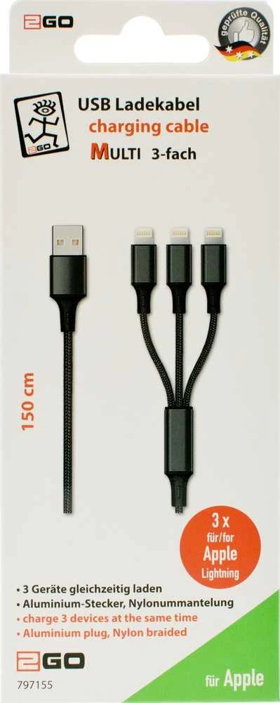 Kabelis USB 2GO USB-A - USB-C + microUSB + Lightning 1.5 m Juodas (797155)