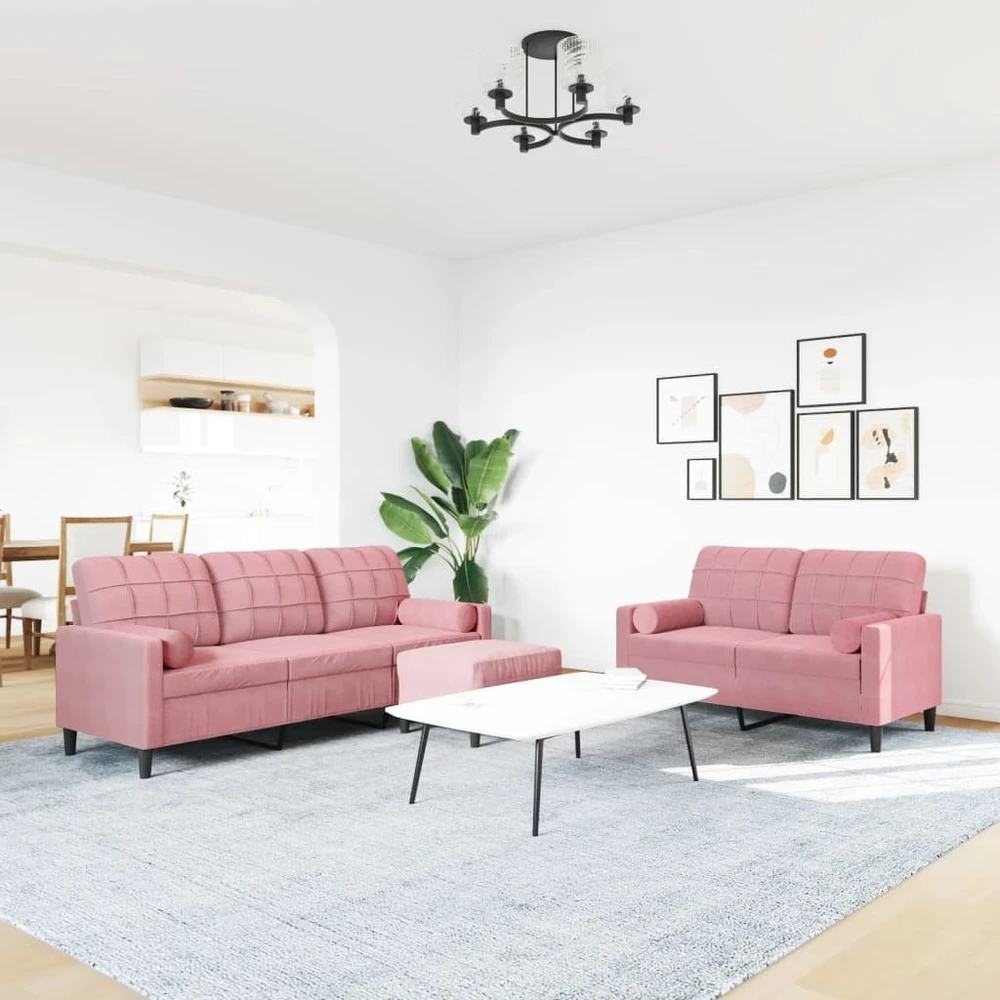 Sofa Sofos komplektas su pagalvėlėmis, 3 dalių, rožinis, aksomas