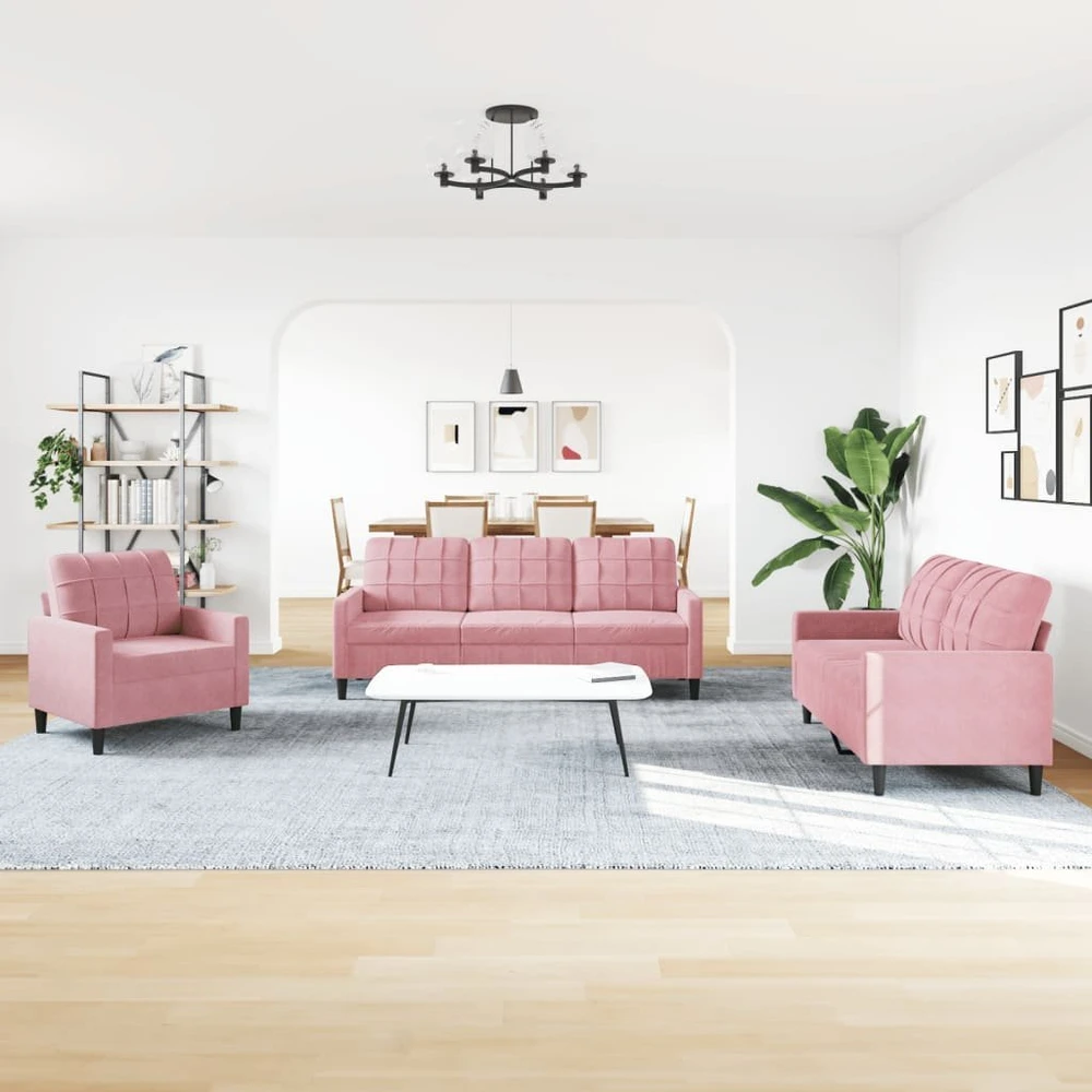 Sofa Sofos komplektas su pagalvėlėmis, 3 dalių, rožinis, aksomas