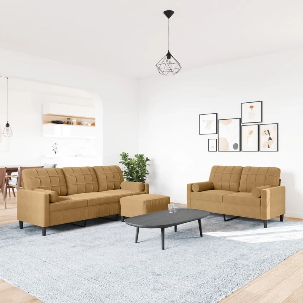 Sofa Sofos komplektas su pagalvėlėmis, 3 dalių, rudas, aksomas
