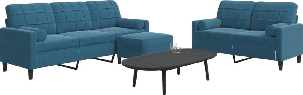 Sofa Sofos komplektas su pagalvėlėmis, 3 dalių, mėlynas, aksomas