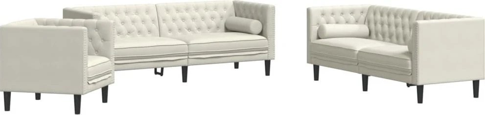 Sofa Chesterfield sofų komplektas su pagalvėlėmis, 3 dalių, kreminė