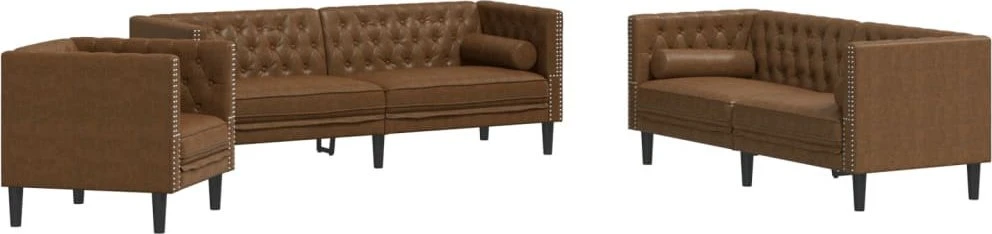Sofa Chesterfield sofų komplektas su pagalvėlėmis, 3 dalių, rudas