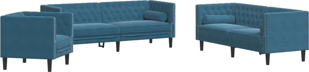 Sofa Chesterfield sofų komplektas su pagalvėlėmis, 3 dalių, mėlynas