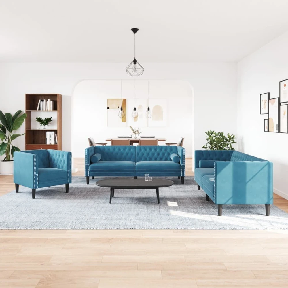 Sofa Chesterfield sofų komplektas su pagalvėlėmis, 3 dalių, mėlynas