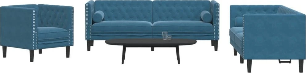 Sofa Chesterfield sofų komplektas su pagalvėlėmis, 3 dalių, mėlynas