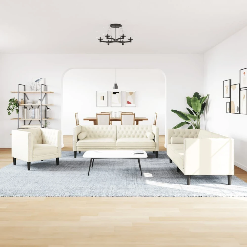 Sofa Chesterfield sofų komplektas su pagalvėlėmis, 3 dalių, kreminė