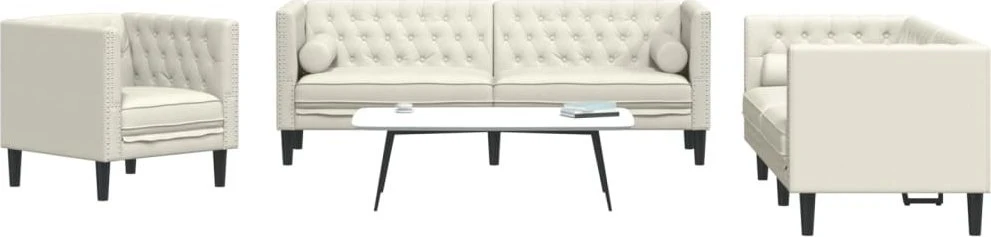 Sofa Chesterfield sofų komplektas su pagalvėlėmis, 3 dalių, kreminė