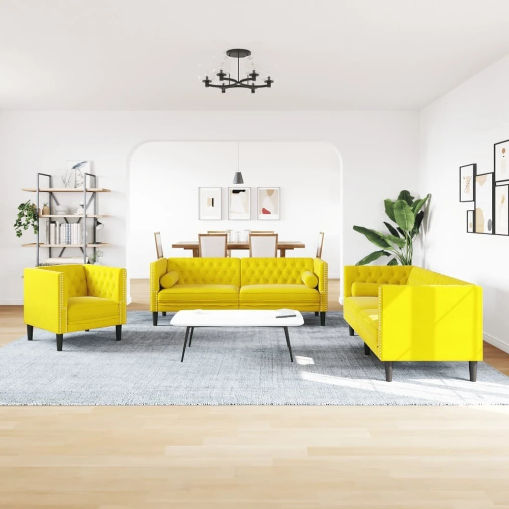 Sofa Chesterfield sofų komplektas su pagalvėlėmis, 3 dalių, geltonas
