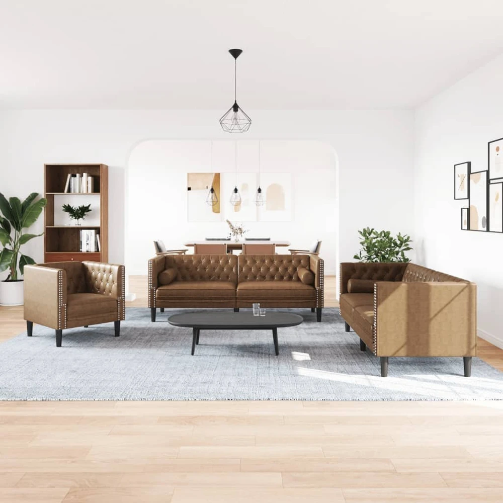 Sofa Chesterfield sofų komplektas su pagalvėlėmis, 3 dalių, rudas