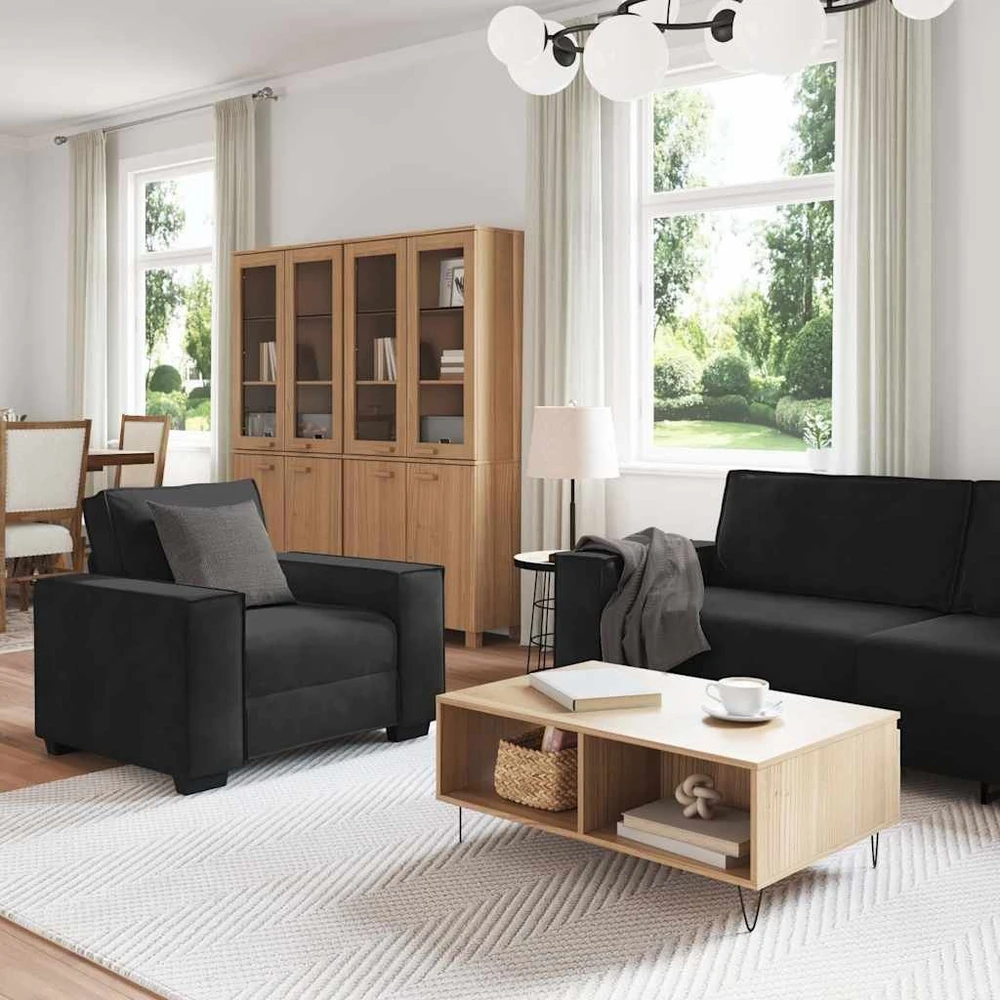 Sofa 3 dalių sofos komplektas su pagalvėlėmis, juodas aksomas