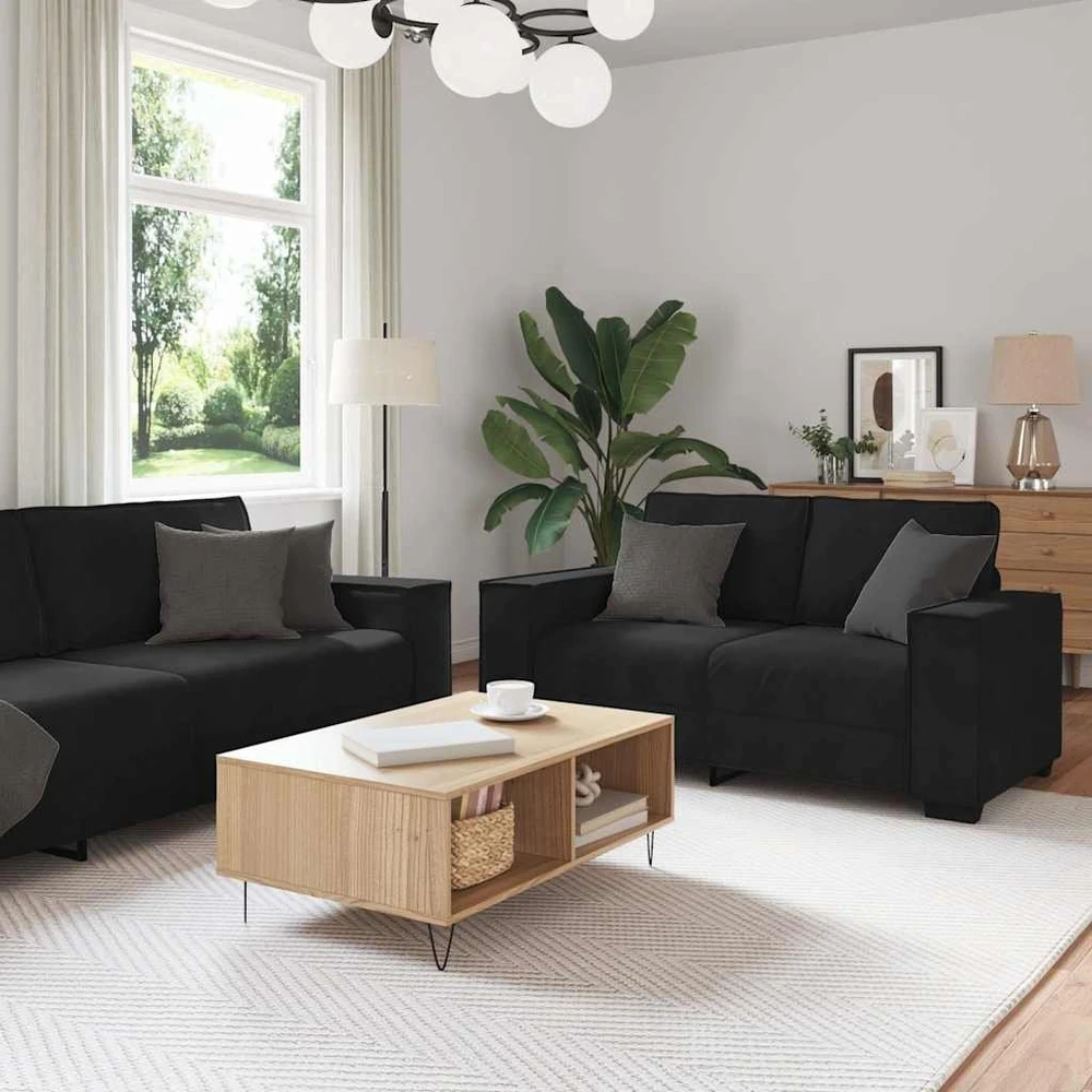 Sofa 3 dalių sofos komplektas su pagalvėlėmis, juodas aksomas