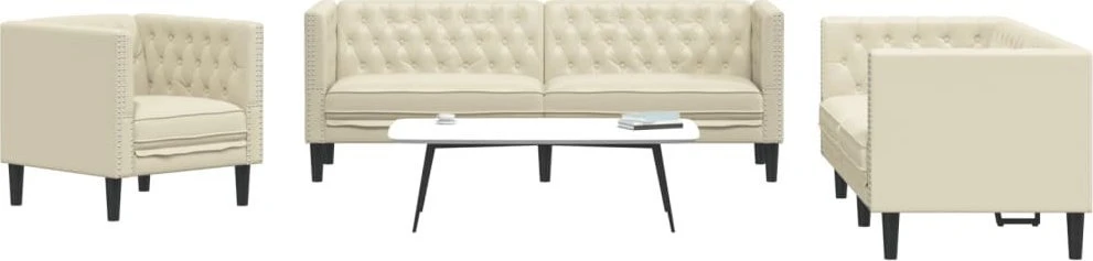 Sofa Chesterfield sofų komplektas, 3 dalių, kreminė, dirbtinė oda