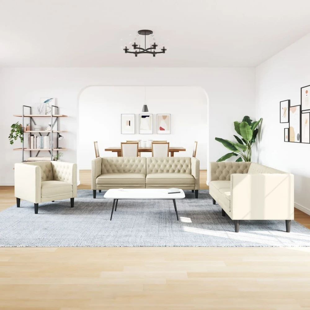 Sofa Chesterfield sofų komplektas, 3 dalių, kreminė, dirbtinė oda