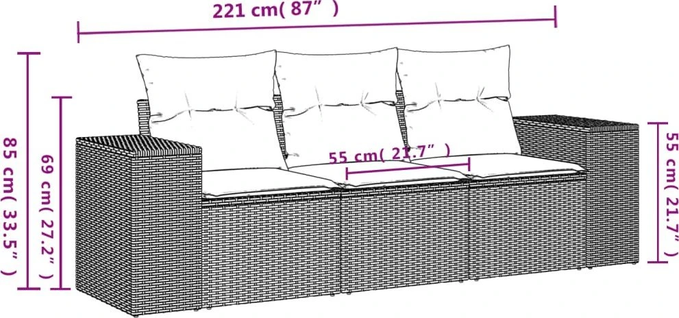 Lauko baldų komplektas Sodo komplektas su pagalvėlėmis, 3 dalių, rudas, poliratanas