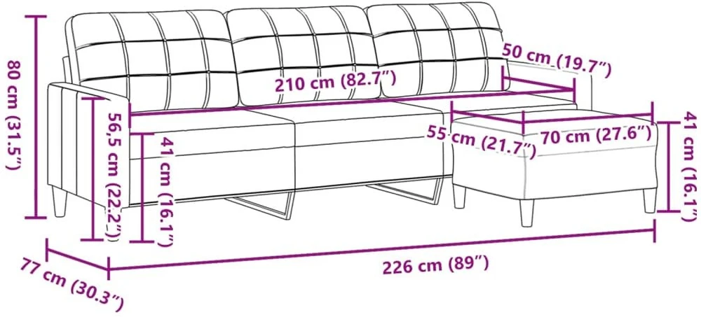 Trivietė sofa su pakoja, kreminės spalvos, 210cm, audinys