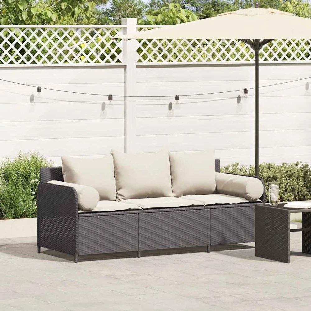 Sodo sofa su pagalvėlėmis, 3 sėdimos vietos, juodas, poliratanas