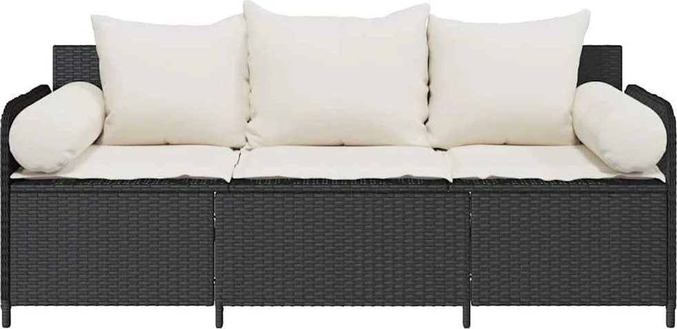 Sodo sofa su pagalvėlėmis, 3 sėdimos vietos, juodas, poliratanas